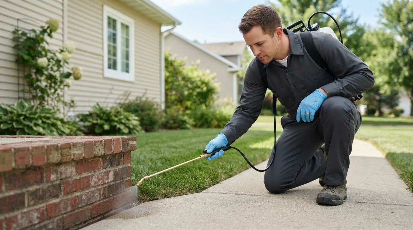 Pest control technician treating a home near Omaha, TX
